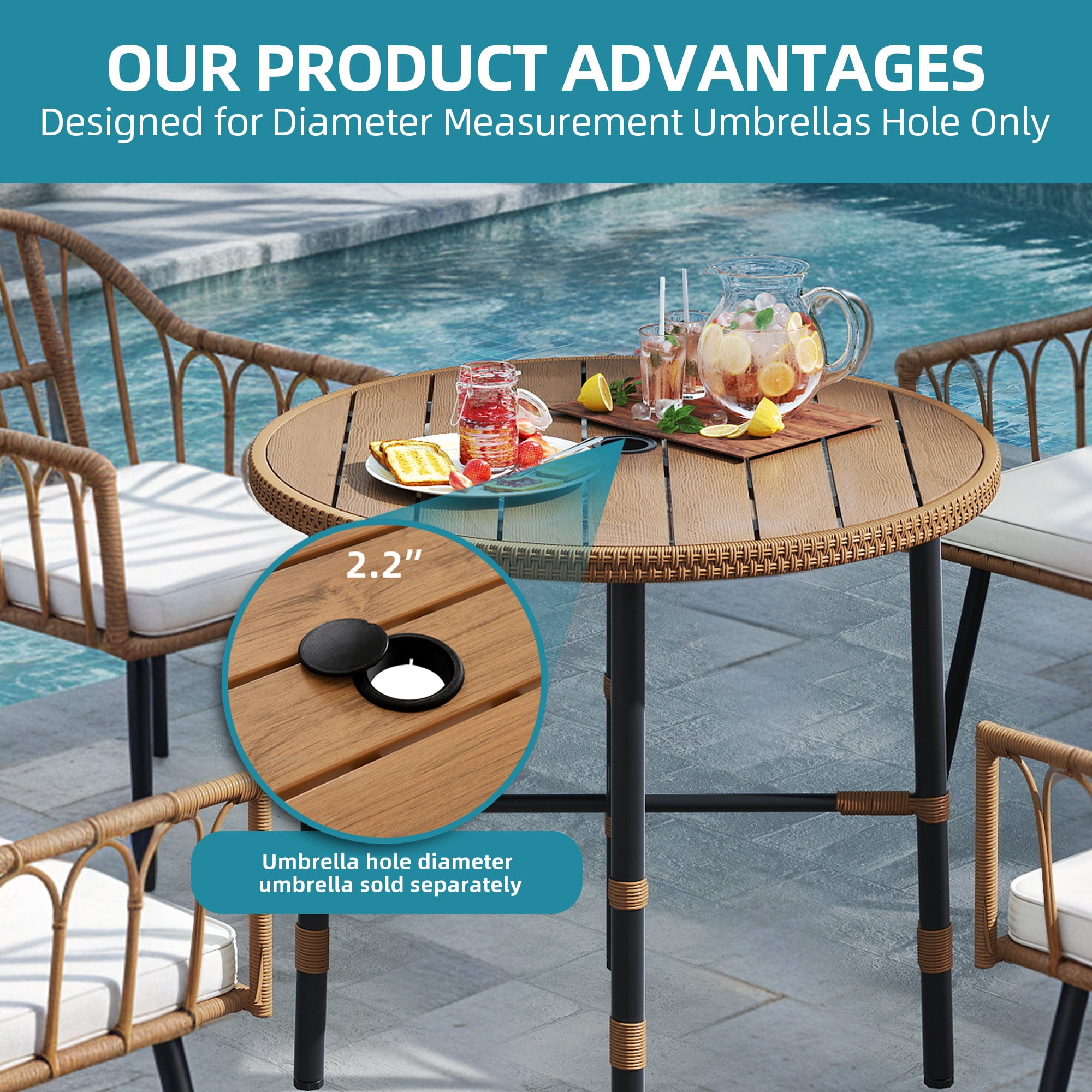 Uforic Round Outdoor Dining Table for 4, 35.4" x 30.3" All-Weather Patio Bistro Table with 2.2" Umbrella Hole, Adjustable Levelers, Metal Frame and Faux Wood Tabletop for Backyard Garden