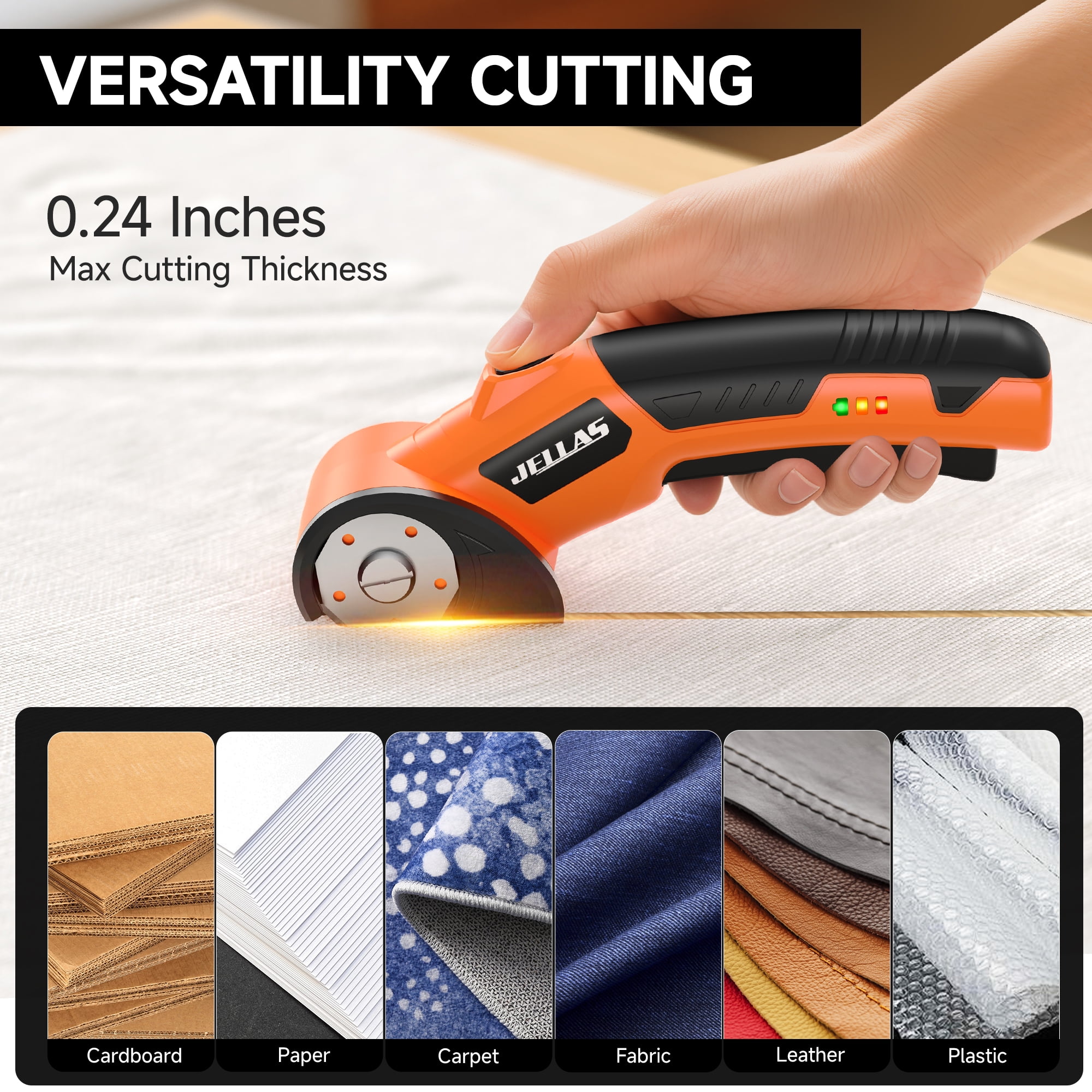 JELLAS Electric Scissors for Cardboard, Cordless Electric Scissors for Fabric, 4V Rechargeable Cardboard Box Cutter with Safety Lock & LED Light, Battery Scissor for Box, Fabric, Carpet, Plastic