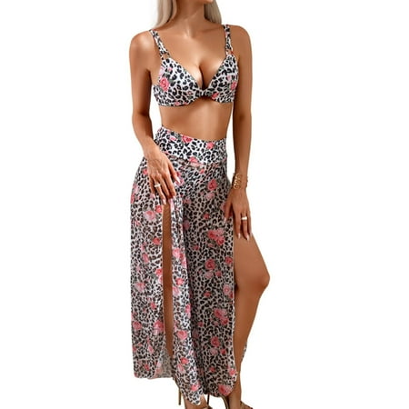Previn Women s 3 Piece Bikini Set Cover Up Pant Printed Adjustable Shoulder Straps Bath Suit Cool Curvy Brief Beachwear Billowy Spring Break Leopard Large
