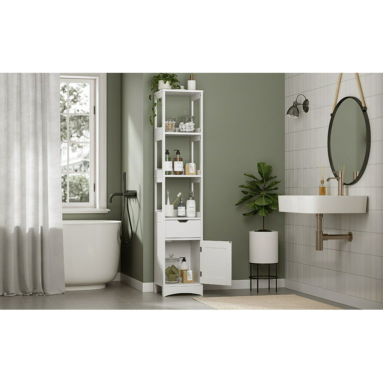 Bathroom Storage Cabinet with Shelves and Drawers, Linen Tall Cabinet for  Living Room Kitchen Bedroom, White 