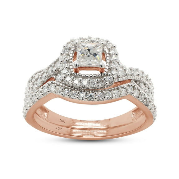 AFFY 10K Solid Rose Gold Princess & Round Lab Created Moissanite Diamond Halo Bridal Set Ring-4
