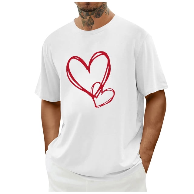 Tops para hombre, blusas y camisas de cuello redondo y manga corta para hombre. Camiseta/camisa informal de cuello redondo y manga corta con estampado de corazones para hombre. Tops de poliéster para