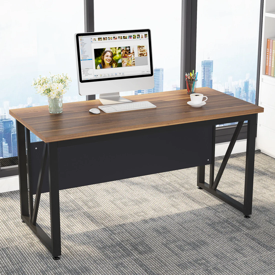 MAYEERTY L-Shaped Computer Desk, 55" / 63" Executive Desk and Mobile File Cabinet