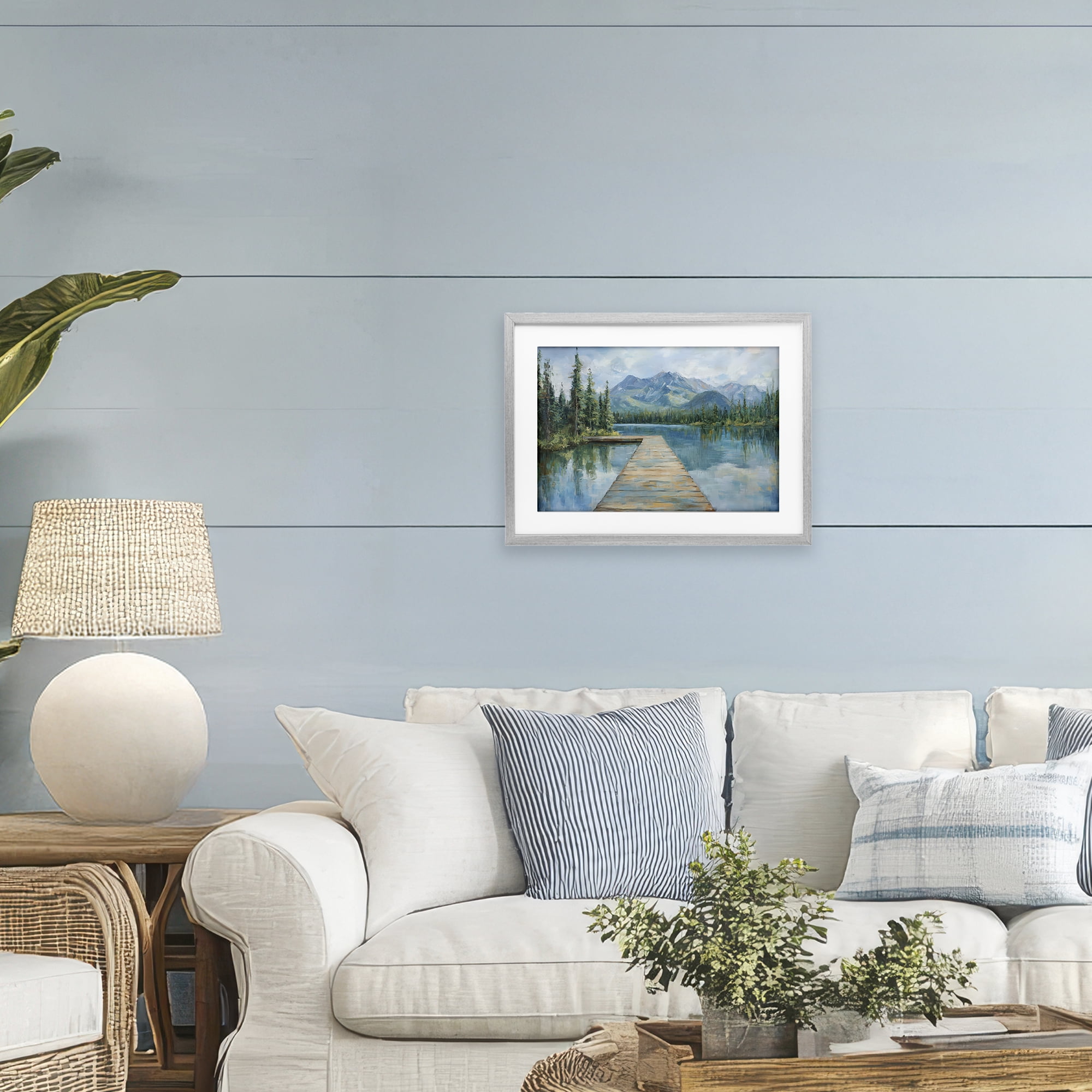Stupell Industries Peaceful Lake Dock in the Mountains Gray Framed Print Under Glass, design by Petal Prints Design