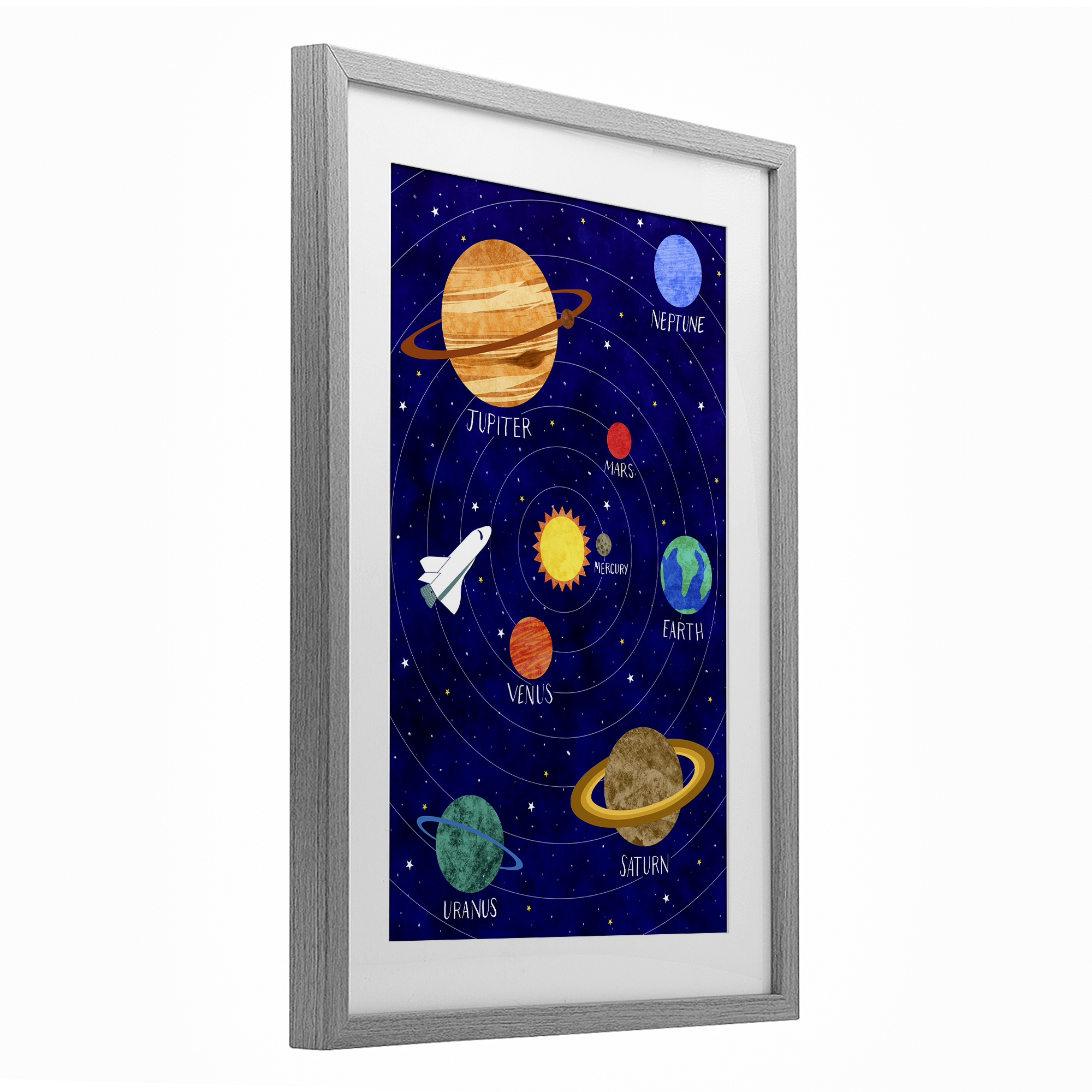 Solar System Education Gray Framed Print Under Glass, design by Elizabeth Caldwell