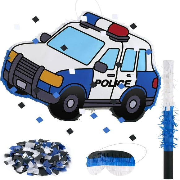 Police Car Piñata with Stick, Blindfold, Confetti, Small Car Piñata for Holiday Birthday Baby Shower Party Supplies, 16.93 x 12.99 x 2.95 Inches