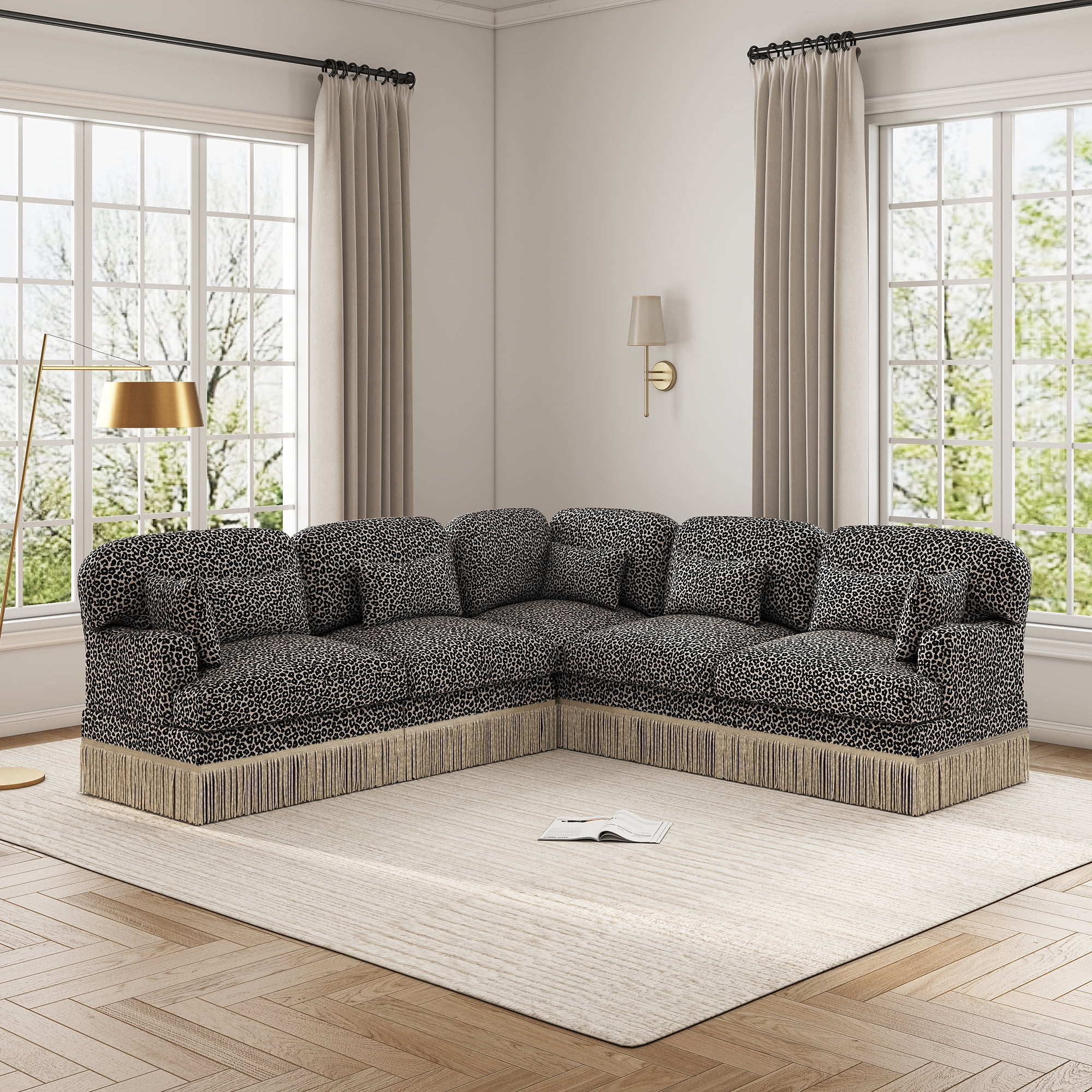 130" L Shaped 5 Seater Modular Sectional Corner Couches with 2 Throw Pillows and 5 Lumbar Pillows