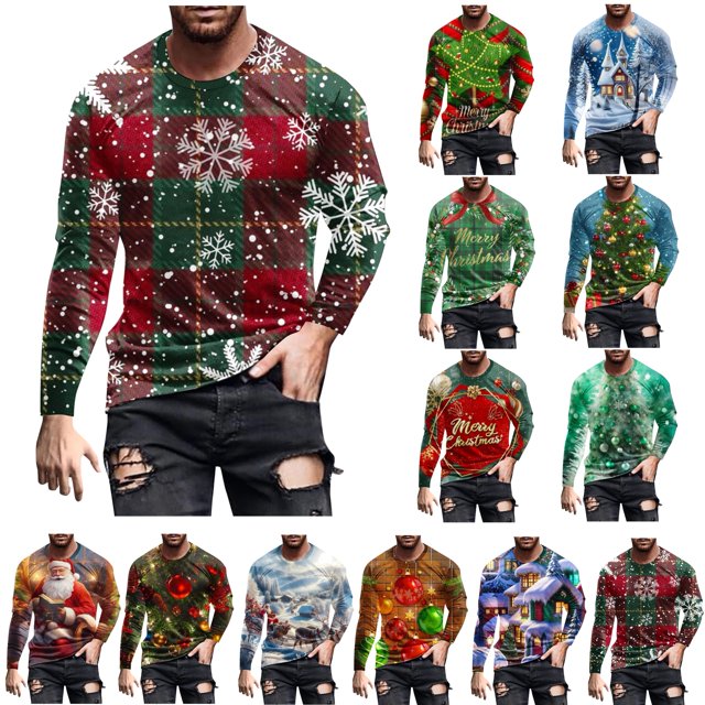 UVEASISHA Ventes Aujourd'hui T-Shirts de Noël à Manches Longues pour Hommes Grande Taille T-Shirts Graphiques à Imprimé de Noël T-Shirts Fantaisie Décontractés à Col Rond Hauts Mode Urbaine Cool Rouge TTG