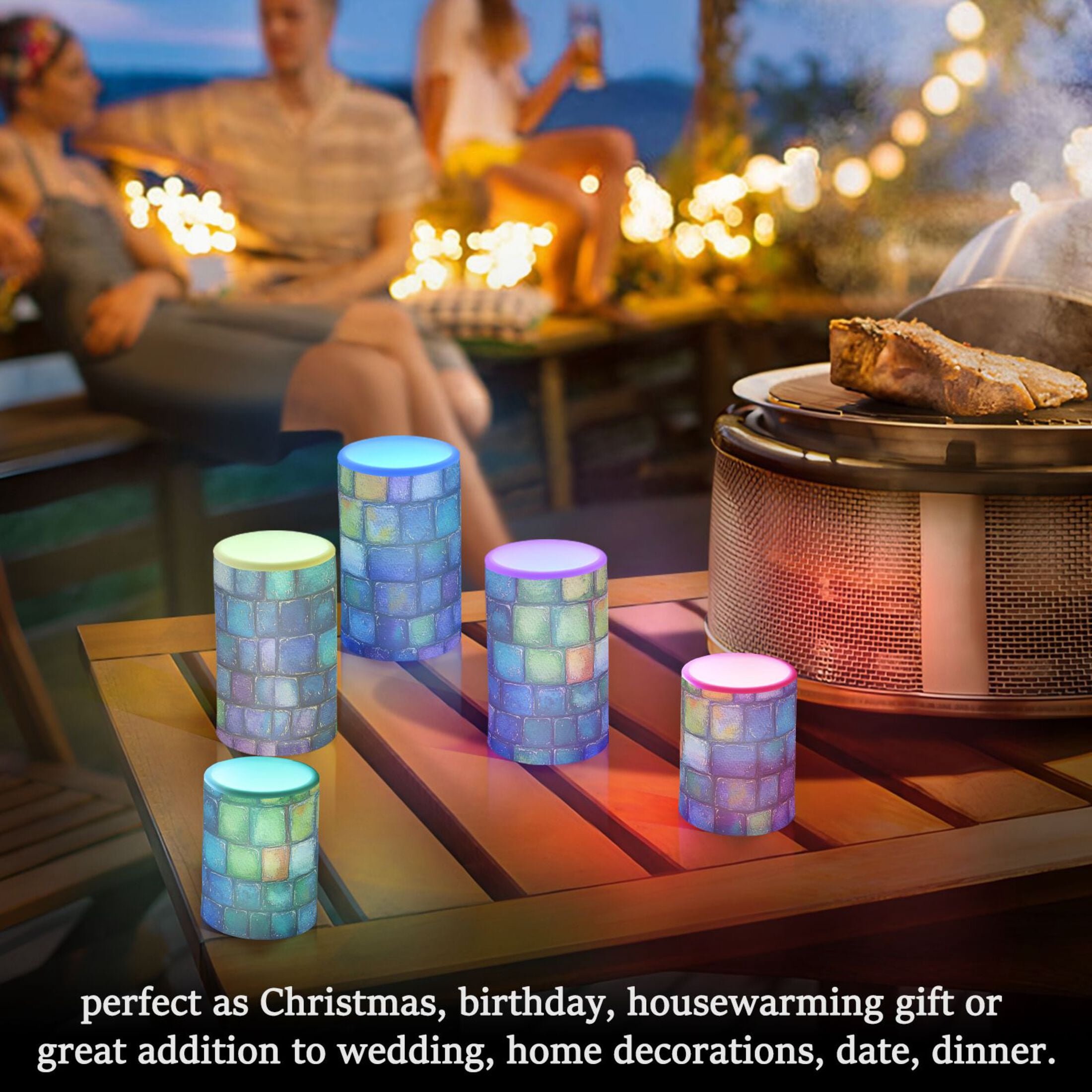 Colorful Small Square Flickering Flameless Candles Battery Operated with Remote Timer LED Pillar Candles Set of 2