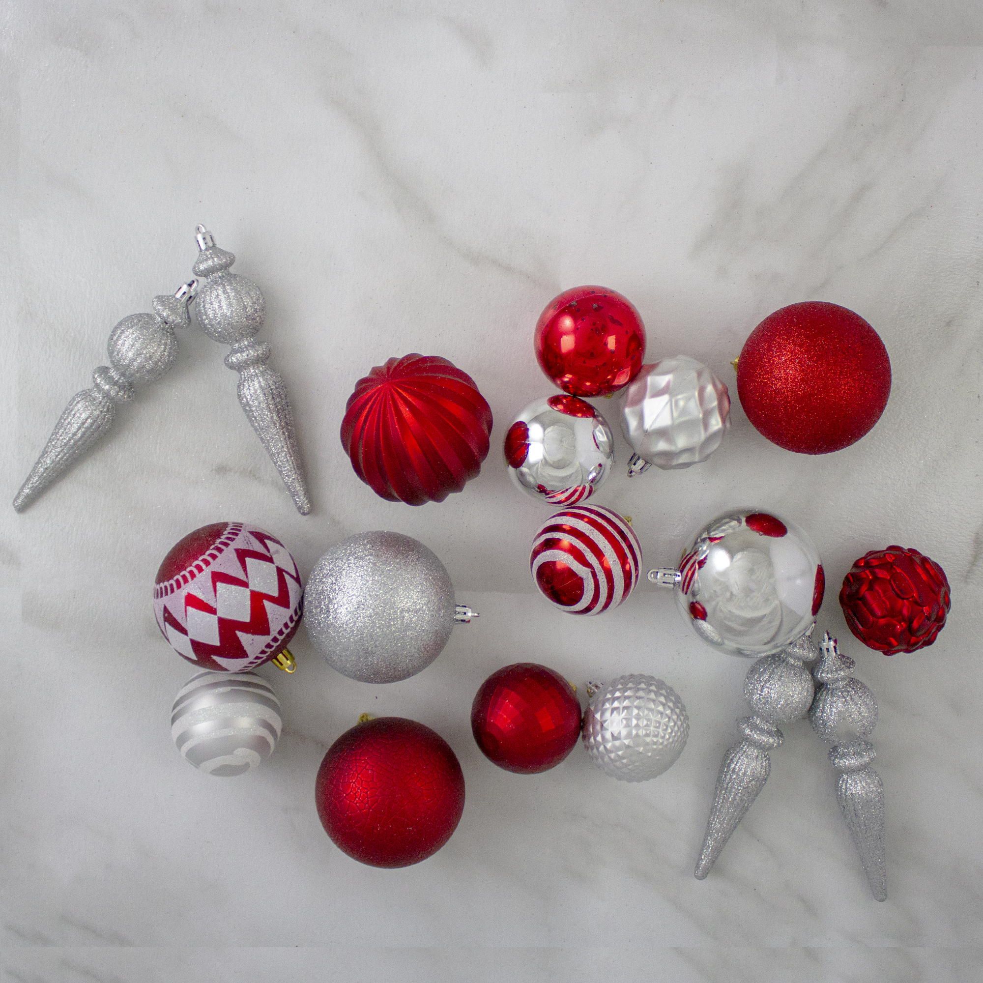 Northlight Shatterproof 3-Finish Christmas Ball and Finial Ornaments - Red and Silver - 75ct