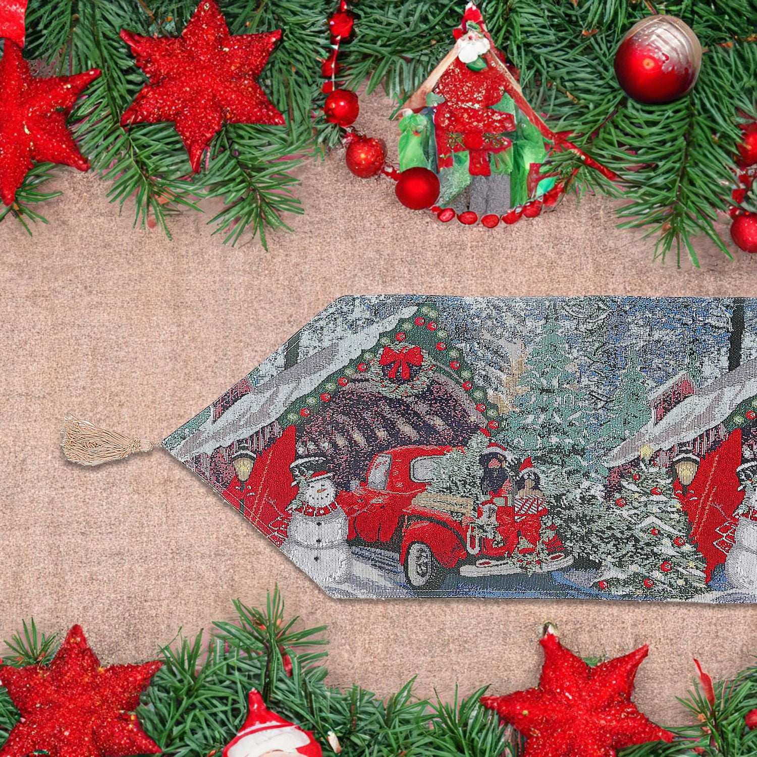 Christmas Tapestry Table Runner Red Car With Gifts 36"