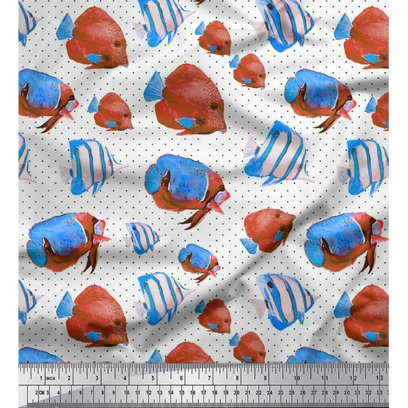 Soimoi Viscose Chiffon Fabric Dot & Fish Ocean Printed Craft Fabric by The Yard 42 Inch Wide