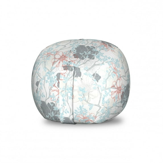 Floral Storage Toy Bag Chair, Soft Toned Shabby Blooms Fragrance of Spring Revival Hand Drawn Branches, Stuffed Animal Organizer Washable Bag, Large Size, Pale Blue Grey and Red, by Ambesonne