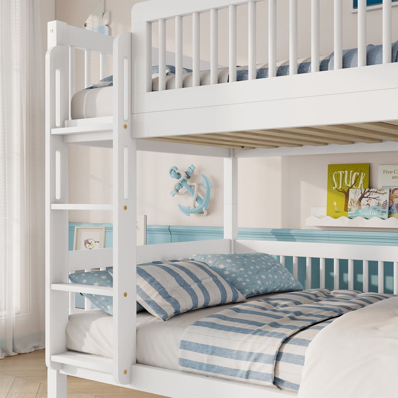 Twin-Over-Twin Size Convertible Kids Bunk Bed into 2 Platform Beds, Teens Wood Bed Frame with Ladder and Safety Guardrails