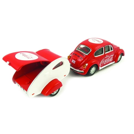 Coca-Cola 1/43 Scale 1967 VW Beetle Diecast Car with Teardrop Trailer (Collectible Toy