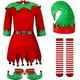 thumbnail image 1 of Conjunto de disfraz de elfo navideño para niñas y mujeres, disfraz de ayudante de Papá Noel, atuendo festivo navideño con sombrero de elfo, zapatos, cinturón, medias a rayas, 100 cm, 1 of 5