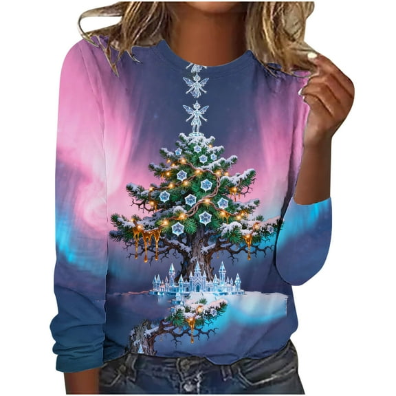 asdoklhq Cotton Sweaters for Women's Christmas Printed Round Neck Long Sleeved Hooded Top/shirt Red S