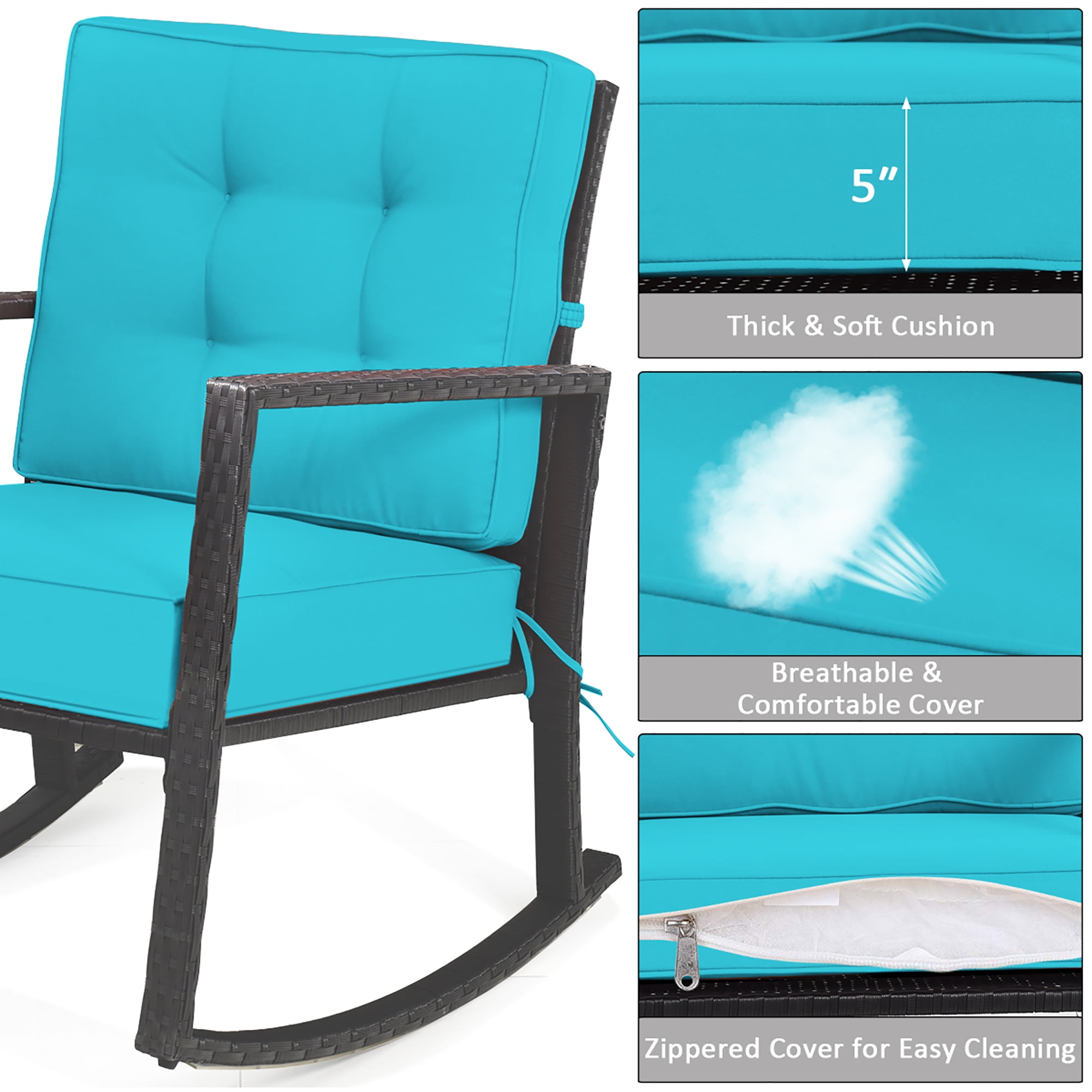 Costway Patio Rattan Rocker Chair Outdoor Glider Rocking Chair Cushion Lawn Turquoise