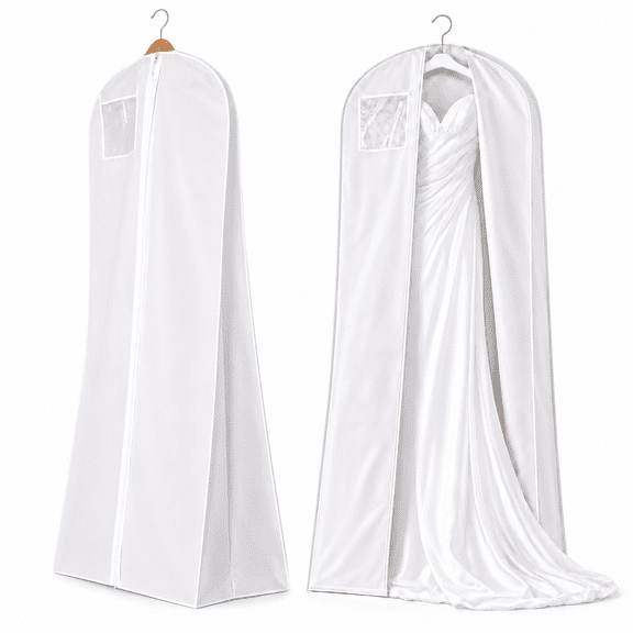 72" Wedding Dress Garment Bag with Clear Window, Breathable Long Dress Storage Cover for Closet Organization (White)