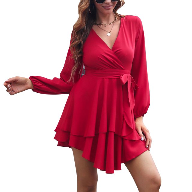 Vestido mini de manga larga color rojo vino con vuelo, escote en V y cintura con lazo para mujer