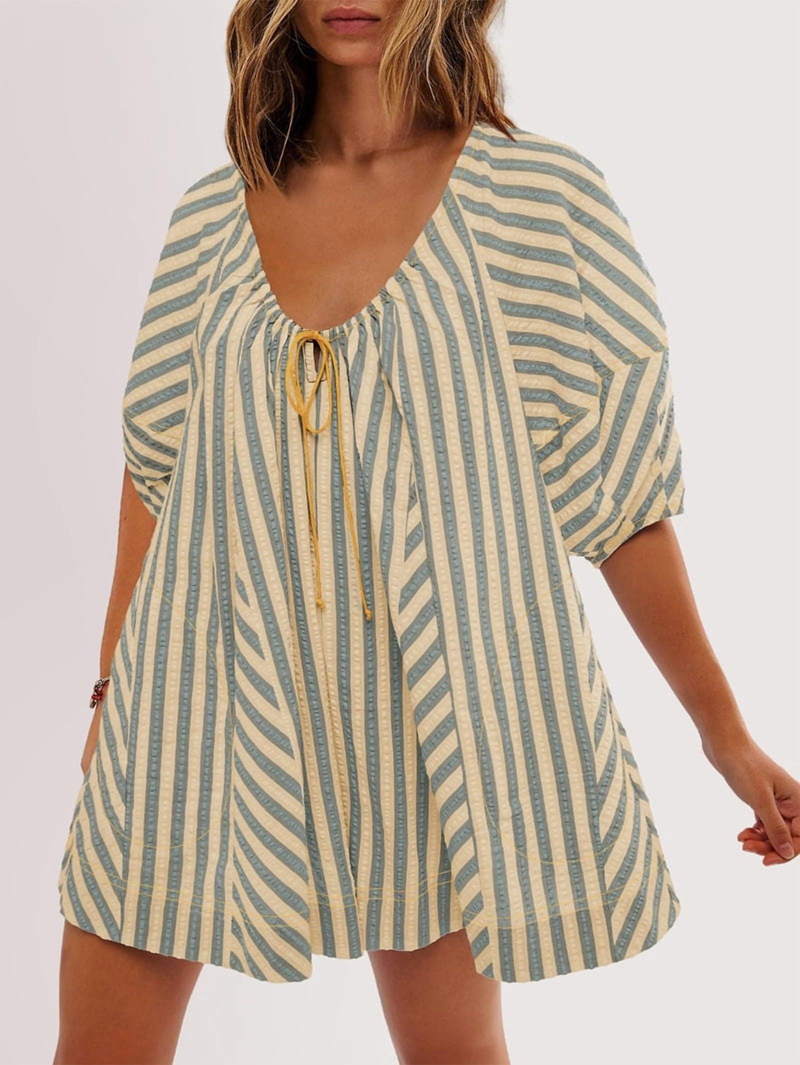 Womens Oversized Striped Romper Dress Shorts Jumpsuit Beach Vacation Clothes with Pockets
