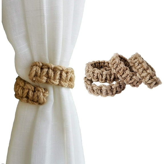 LQQBOX 4 Pcs Hand Woven Curtain Tiebacks,Boho Curtains Ties Jute Curtain Holdbacks,for Indoor Outdoor Drapes Decorative (Braided Curtain Tiebacks)