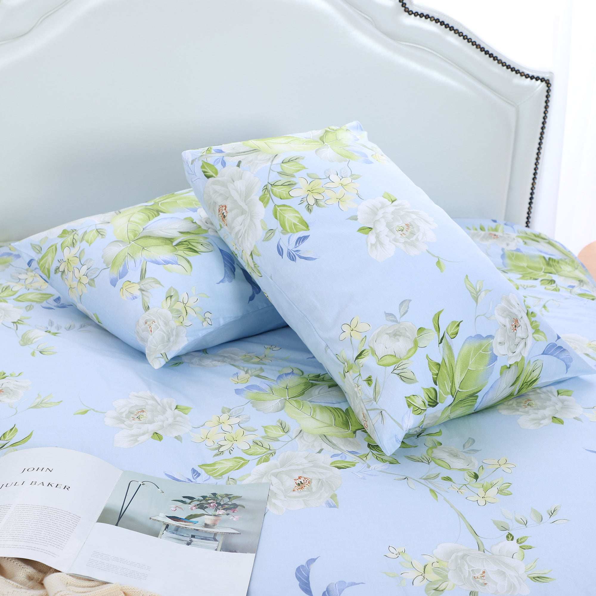 Floral Embroidered Quilted Throw Bedspread Comforter Bedding Set /& Pillow Cases Sky Blue, Double
