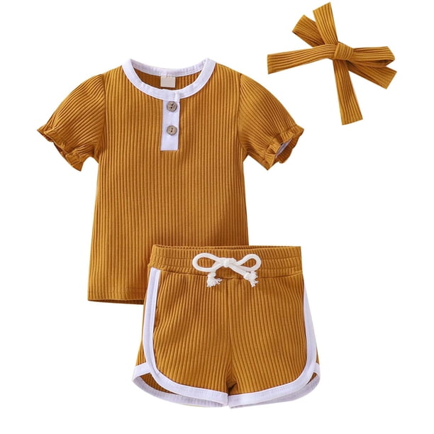 Ropa De Bebé (Niño O Niña) Traje De Niño Pequeño Verano Acanalado De Manga Corta Botón Top Shorts Diadema Conjunto De Tres Piezas Marrón Odeerbi LM103-10265
