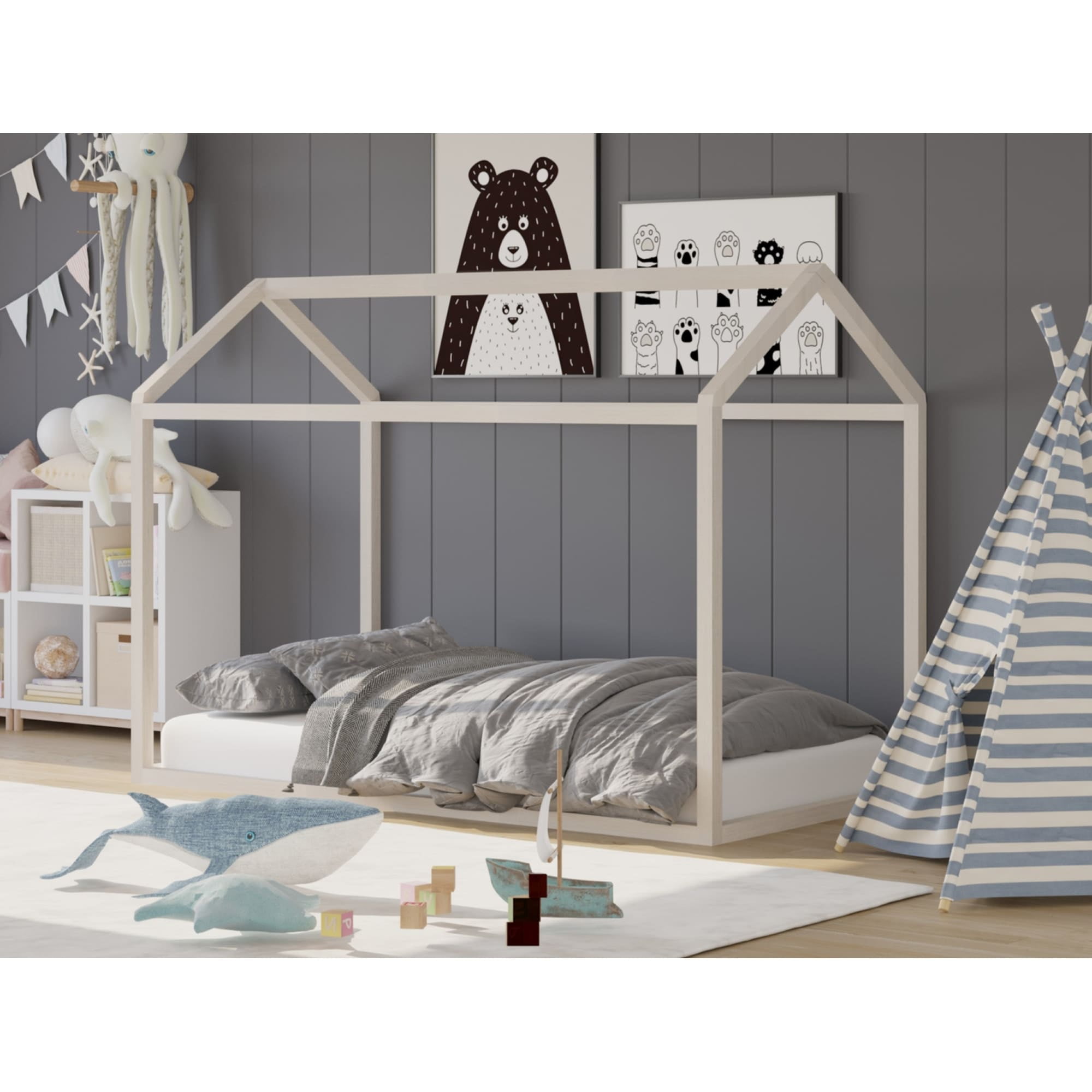 Home Design Perry Twin Solid Wood Canopy Bed Frame with House-Shaped Design and Sturdy Construction, Taupe, Easy Assembly