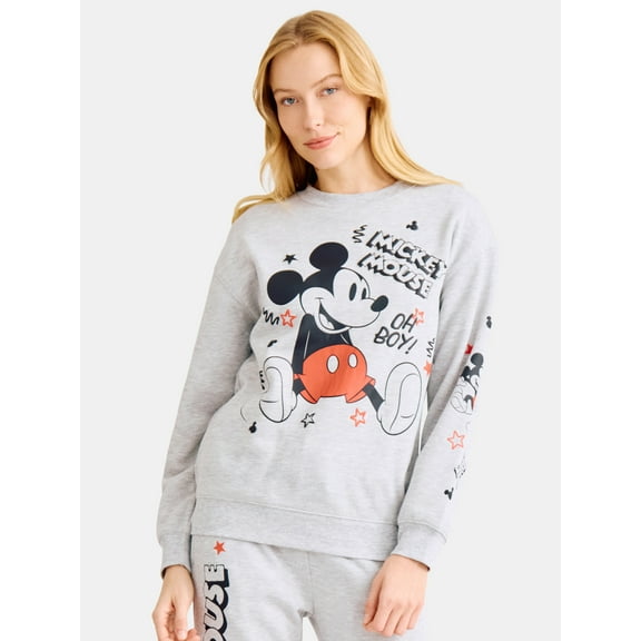 Mickey Mouse Scribbles Graphic Fleece Pullover Sweatshirt with Long Sleeves, Women’s