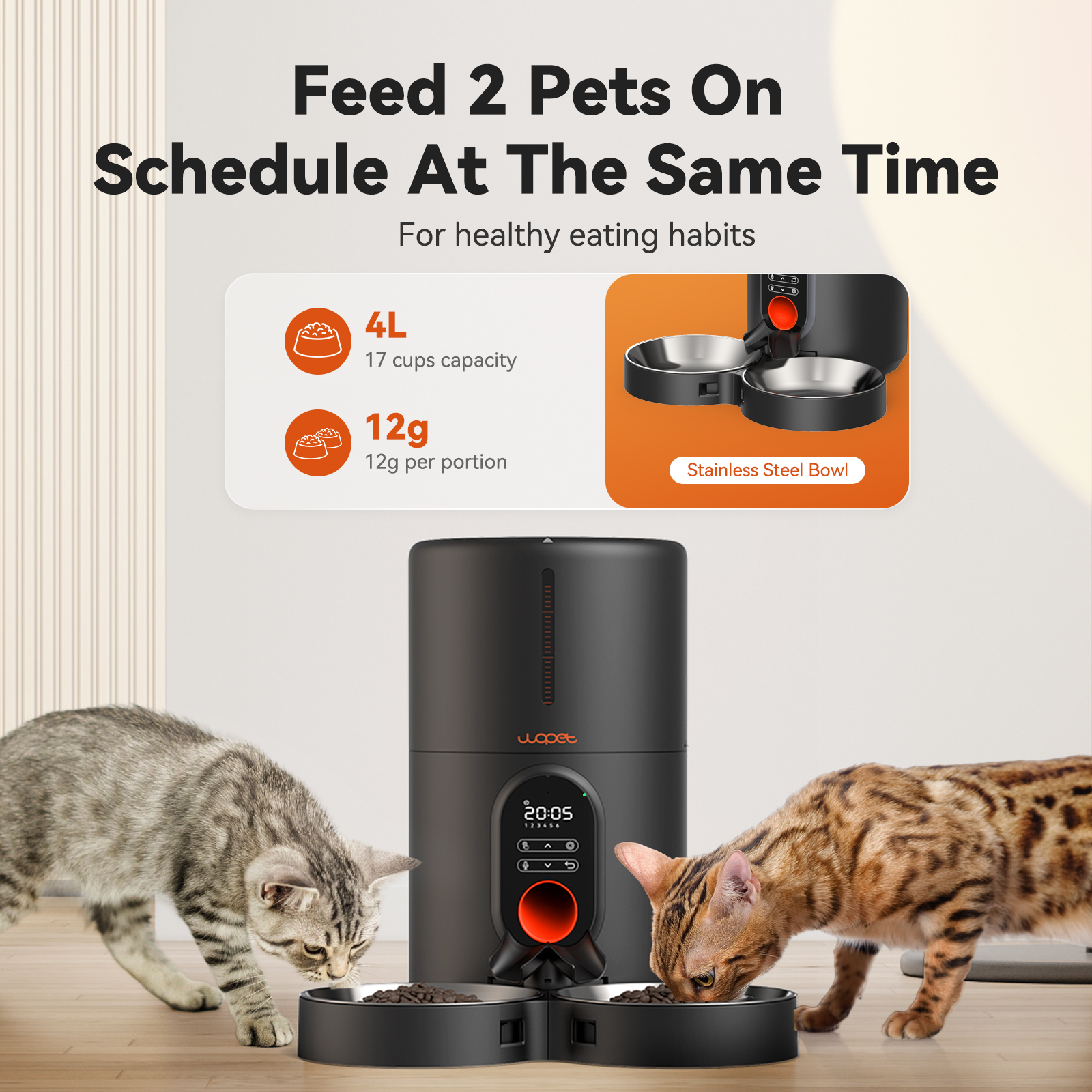 WOPET Automatic Cat Feeders for 2 Cats - Timed Dog Food Dispenser with Splitter and Two Stainless Bowls, Cat Feeders 10s Meal Call, 6 Meals Per Day for Cats & Small Dogs, Black