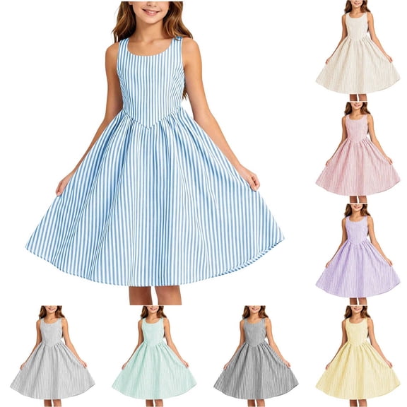 Jinhomg Girls Summer Striped Sundress 2026 Sleeveless Tank Dresses Flowy PLeated A Line Swing Sundress Casual Home Party Beach 5-15 Years Green