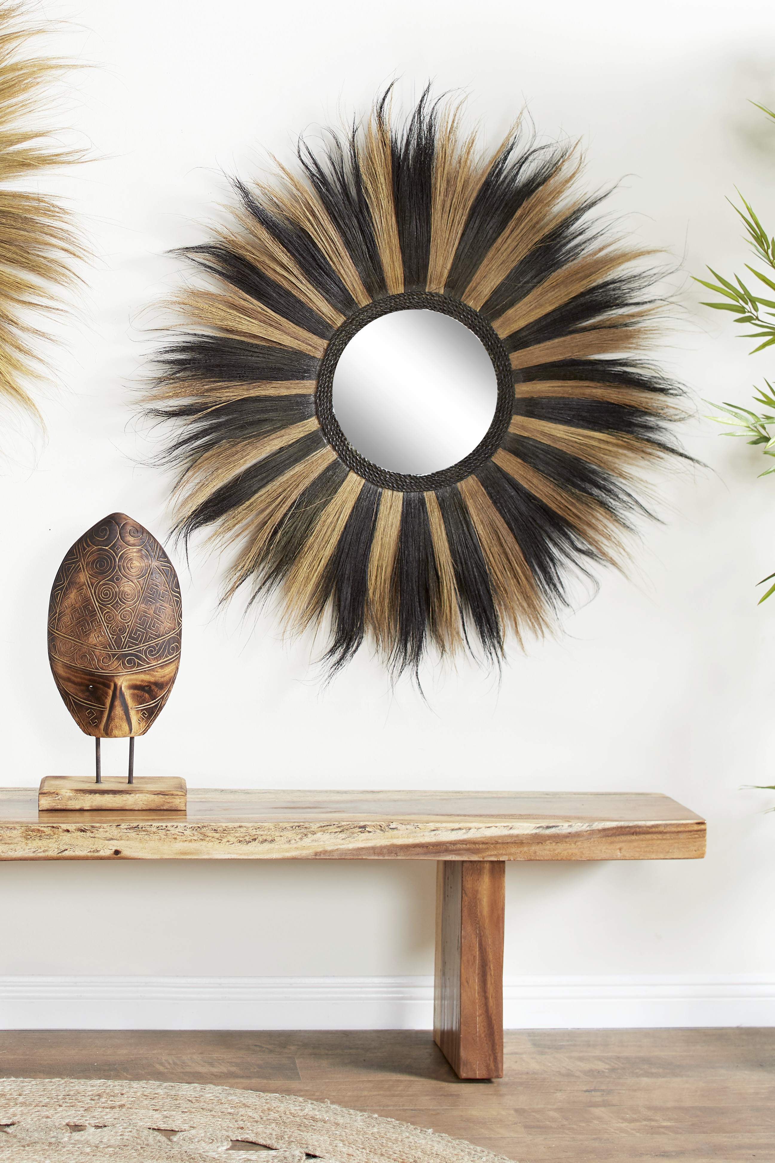 DecMode Large Round Striped Black & Gold Grass Wall Mirror, 54” x 54