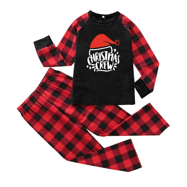 TAIAOJING Family Christmas Pjs Matching Sets Kids Matching Family Pajamas Sets Crew Print Top And Plaid Pants Sleepwear For Kids