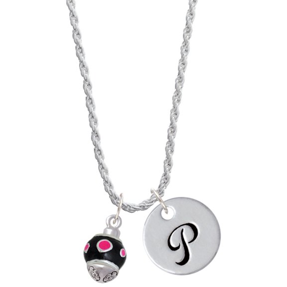 Delight Jewelry Silvertone Hot Pink Dots on Black Spinner Silvertone Script Initial Disc - P - Charm Necklace, 20"+3"
