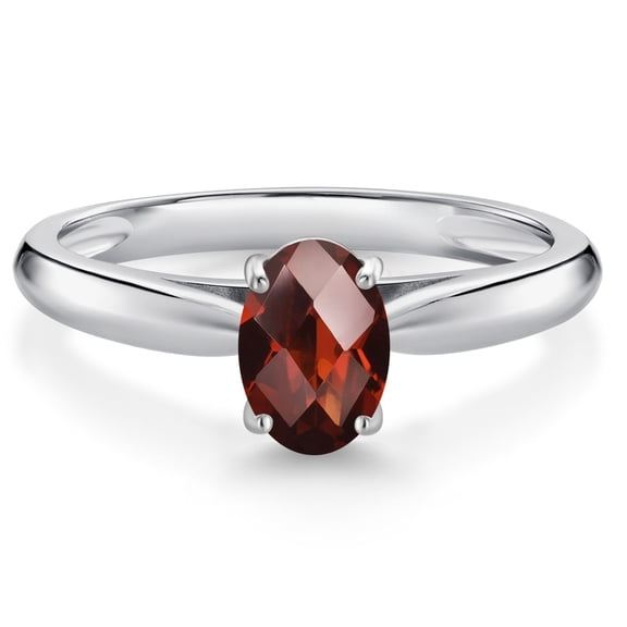 Gem Stone King 10K White Gold Red Garnet Solitaire Engagement Ring for Women (1.00 Cttw, Oval Checkerboard 7X5MM, Gemstone January Birthstone, Size 5)
