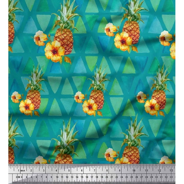 Soimoi Green Poly Georgette Fabric Triangle & Pine Fruits Printed Fabric 1 Yard 52 Inch Wide