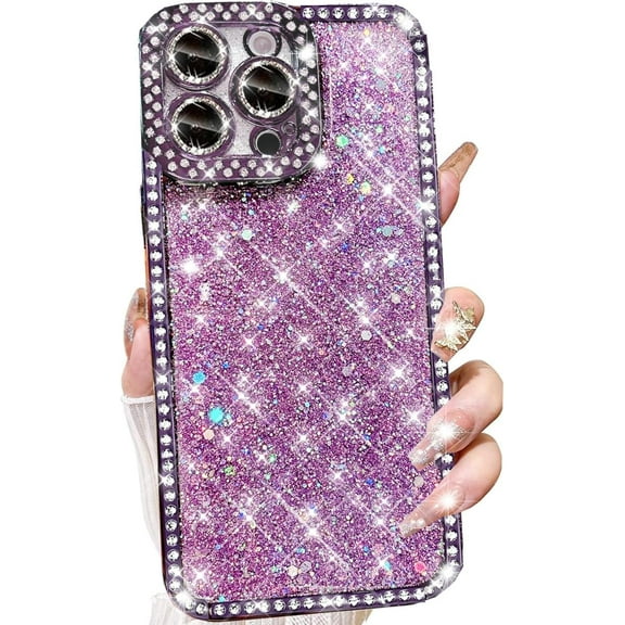 Glitter Bling Case for iPhone 16 Pro Max,Cute Luxury Sparkly Shiny Crystal Diamond Rhinestones Sequin with Camera Protector TPU Bumper Shockproof Women Girls Case for iPhone 16 Pro Max,Purple