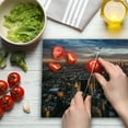 thumbnail image 3 of USA Cutting Board, Aerial View of the Manhattan Skyline at Sunset Famous Financial District NYC, Decorative Tempered Glass Cutting and Serving Board, Large Size, Blue Orange White, by Ambesonne, 3 of 5