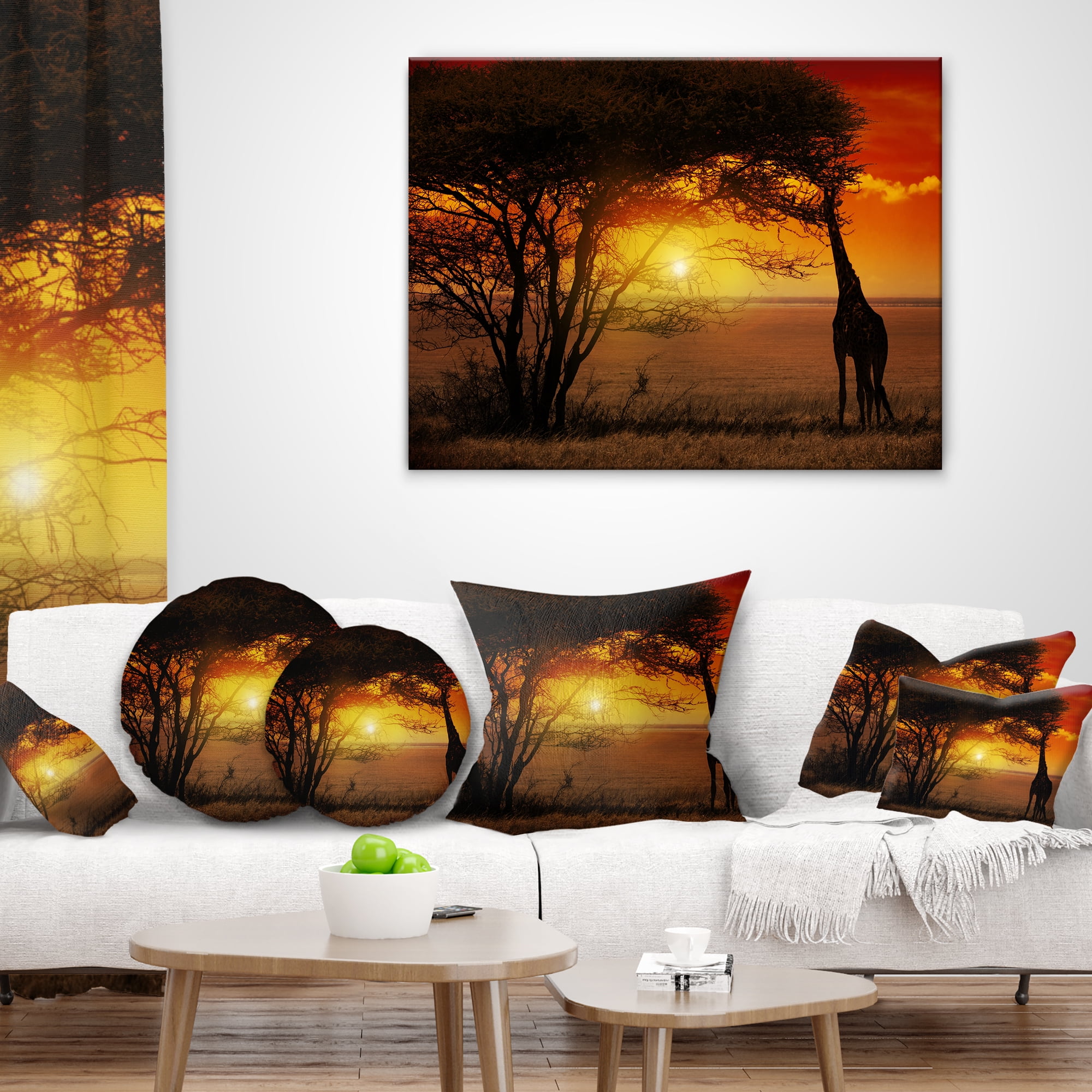 Designart Typical African Sunset with Giraffe - African Landscape Printed Throw Pillow - 12x20