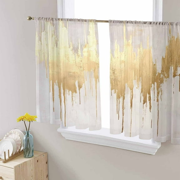 Modern Gold Semi Sheer Curtains 54 Inch Length 2 Panels Set, Abstract Minimalist Grunge Art Color Block Sheer Kitchen Curtain Privacy Voile Window Curtain for Living Room Bedroom Rod Pocket Drapes
