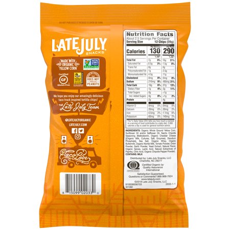 LATE JULY Snacks Clásico Nacho Chipotle Tortilla Chips, 2.25 oz. Snack Pack