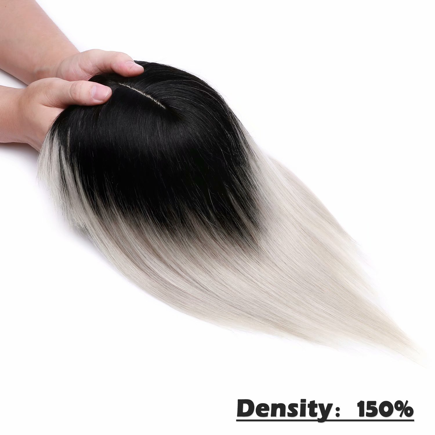 Benehair Silk Base Clip In 100% Real Remy Human Hair Extensions Hairpiece Topper Wig with bang Toupee Women Hair Loss 3 Clips Soft 1B Ombre Grey