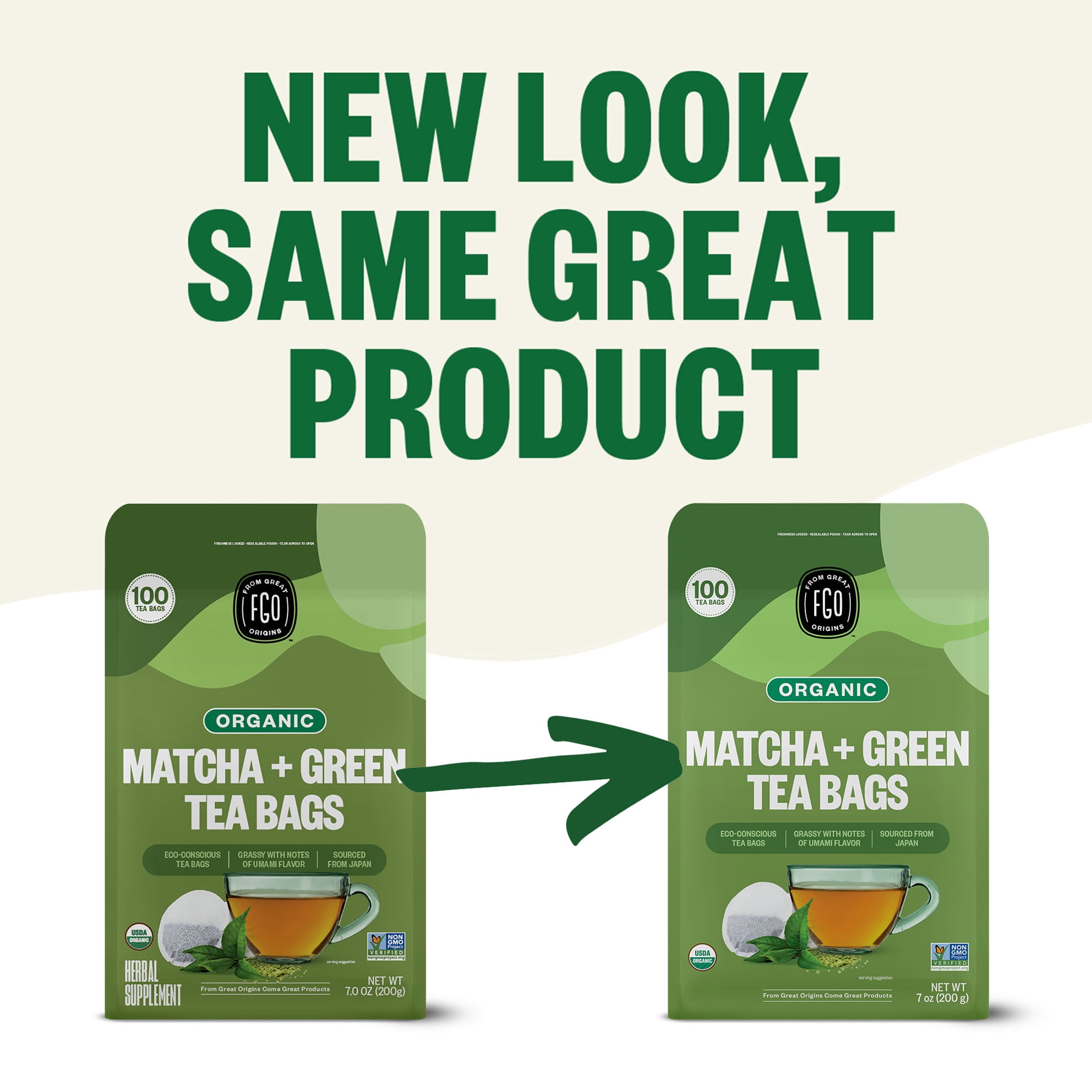 FGO Matcha + Green Tea Bags, Organic, Eco-Conscious (100 Count)