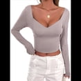 thumbnail image 2 of Camisetas de Larga con Cuello en V para Mujer, Top Corto con Doble Forro y Copas con Costura para Salir. Color Café S, 2 of 10