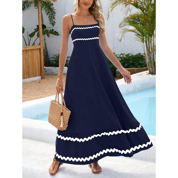 Deep Blue Womens Flowy Sleeveless Maxi Dress With White Zigzag Trim For Beach Holiday Casual Wear
