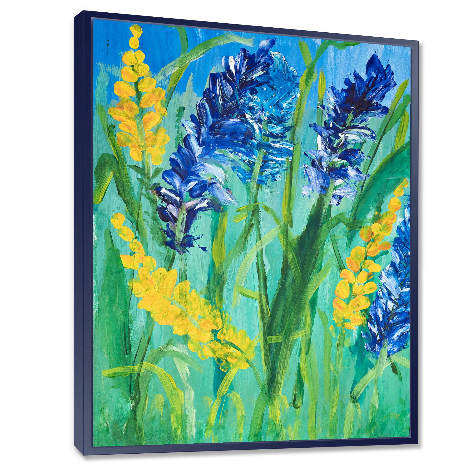 Designart 'Yellow and Blue Wild Flowers and Grass Gouache' Traditional Framed Canvas Wall Art Print