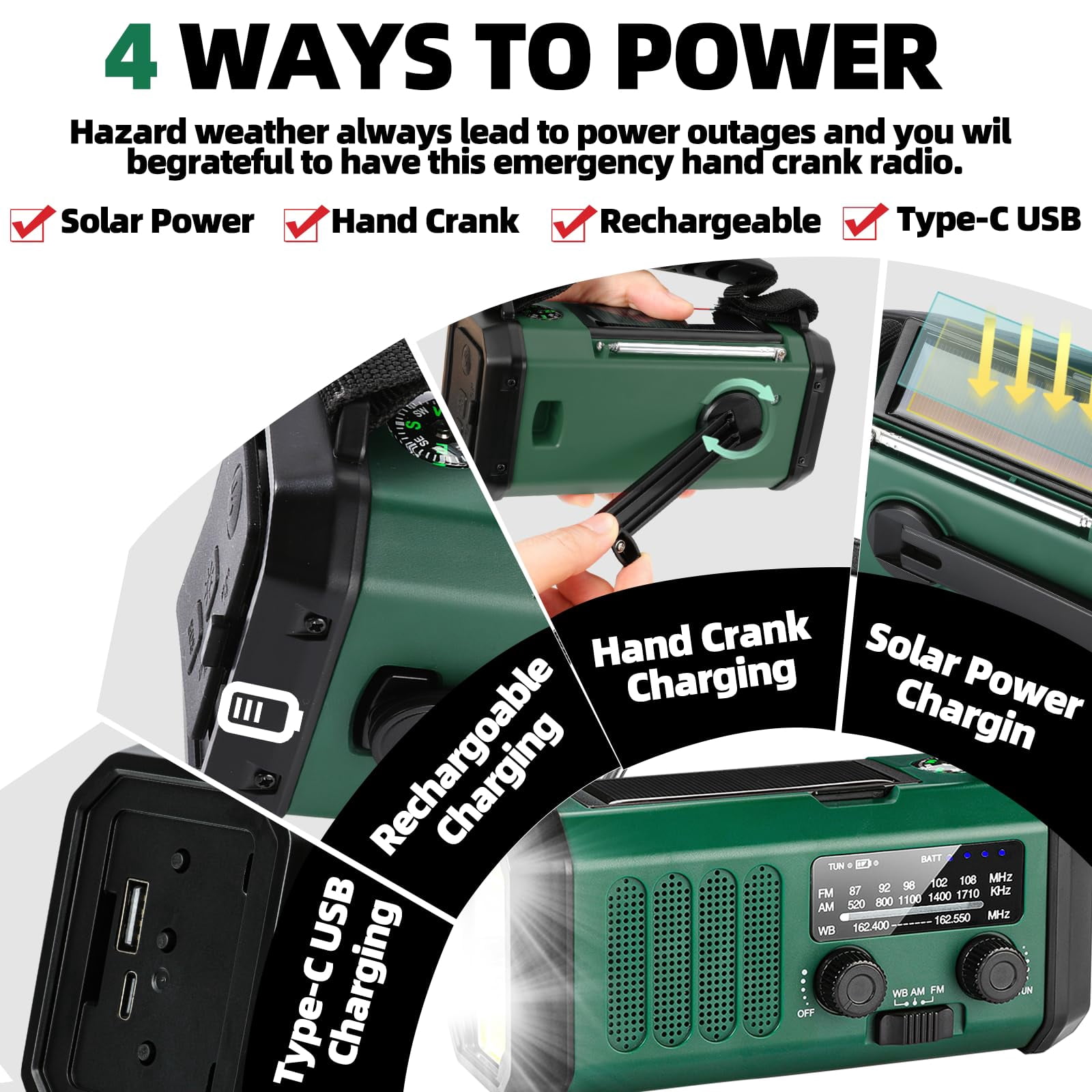 Hand Crank Emergency Radio 37000mwhsolar Portable Noaa Am Fm Weather With 3mode Flashlight And Reading Light Cell Phone Home Distress Signa