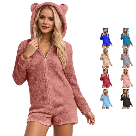 Krdevn Women's Fuzzy Fleece Romper Pajamas, Zip‑Up Hooded Onesie with Bear Ears Long Sleeve Short Jumpsuit Loungewear,Brick Red
