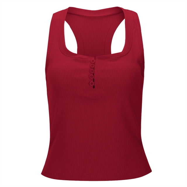 Camiseta sin mangas con cuello en U bajo y detalle de botones para mujer - Entallada, sin mangas, poliéster, para outfits de día/noche (tallas S-XL)